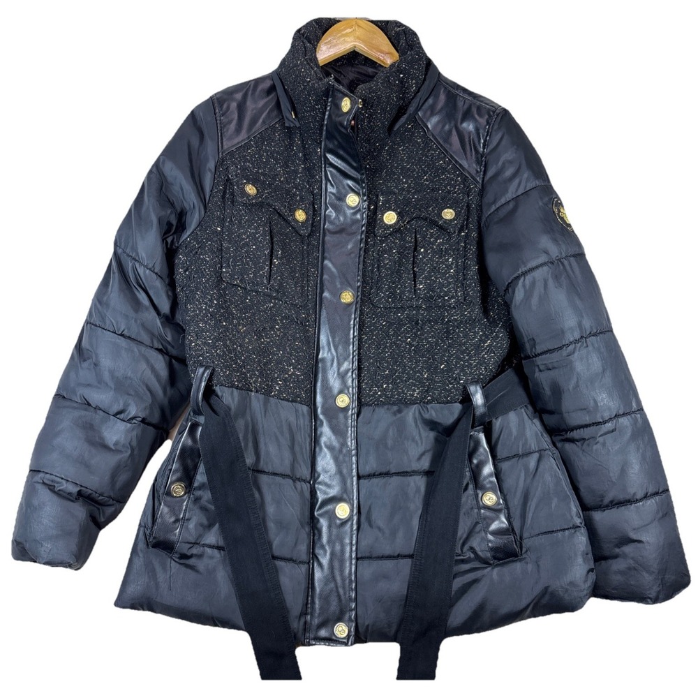 Vtg COOGI Women Sz L puffer jacket black With gold sparkle Belt Full Zip 80s 90s